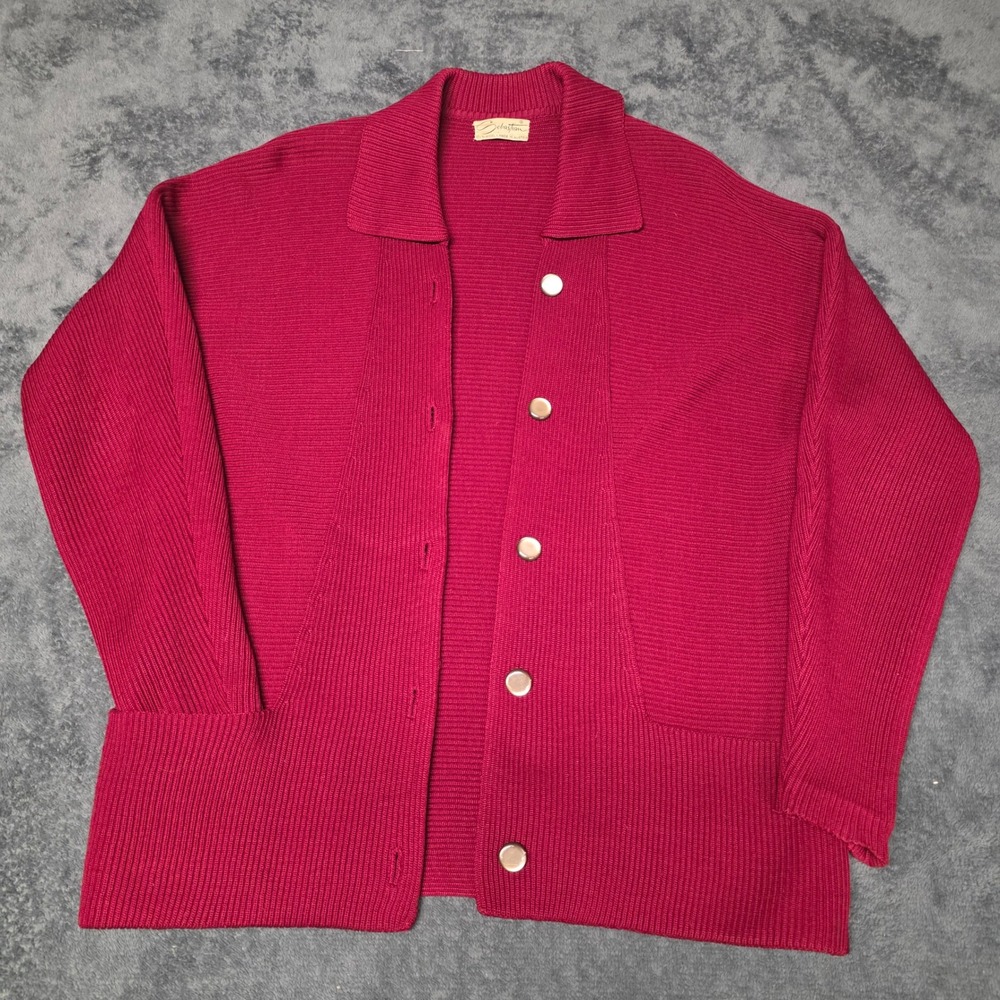 Vintage Sebastian Cardigan Sweater Womens L 100% Wool Ribbed Red Pockets